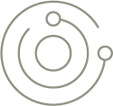 Stylized icon of a planet with orbits and two smaller planets