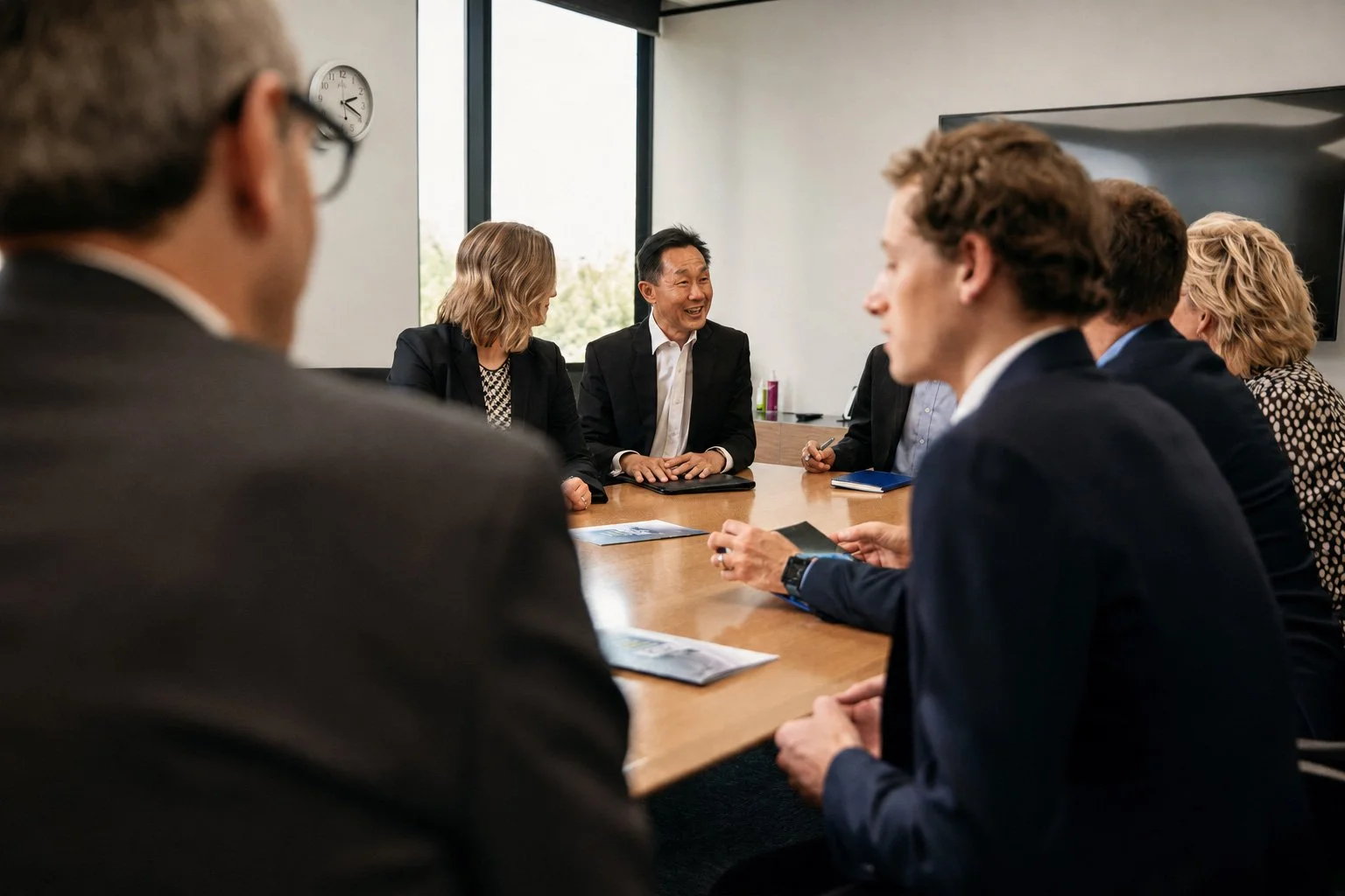 Business meeting in a conference room with seven people sitting around a wooden table, engaging in discussion. A man in a suit is smiling and speaking while others listen. A large window with blinds is behind them, and a television is mounted on the wall.