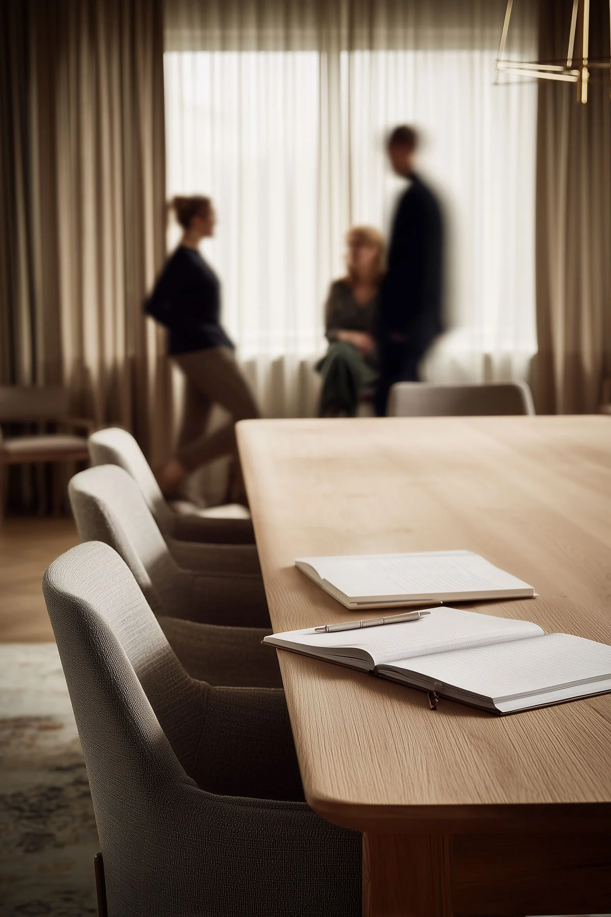 Empty conference room with a wooden table, grey chairs, and open notebooks with a pen on the table. In the background, three blurred people are engaged in conversation near a large window with curtains.