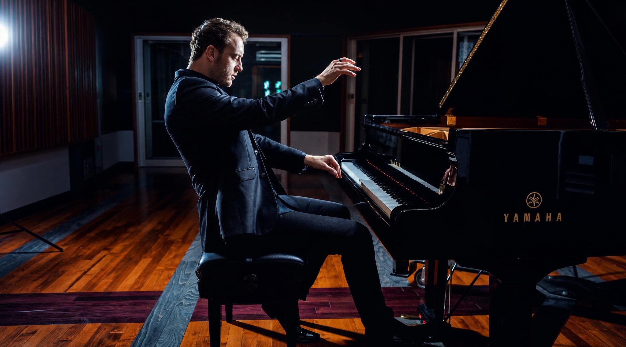 Reuel in a black suit playing a black Yamaha grand piano in a dimly lit music studio.