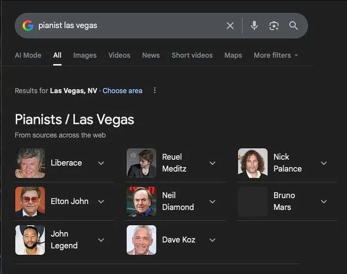 Honored to see my name listed alongside these mainstream artists in Google&rsquo;s top search results for &ldquo;pianist Las Vegas&rdquo; 🎹