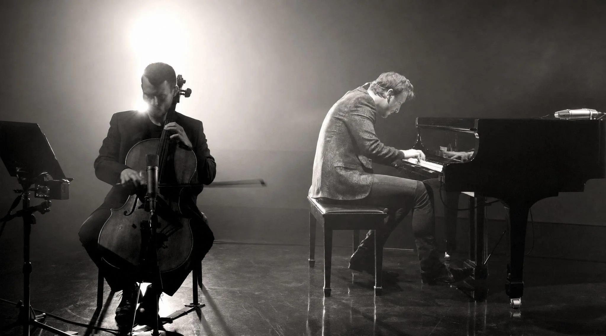 Reuel performing on stage: one playing a cello and the other playing a grand piano. Both are dressed in formal attire. The scene is lit with a spotlight creating a dramatic effect.
