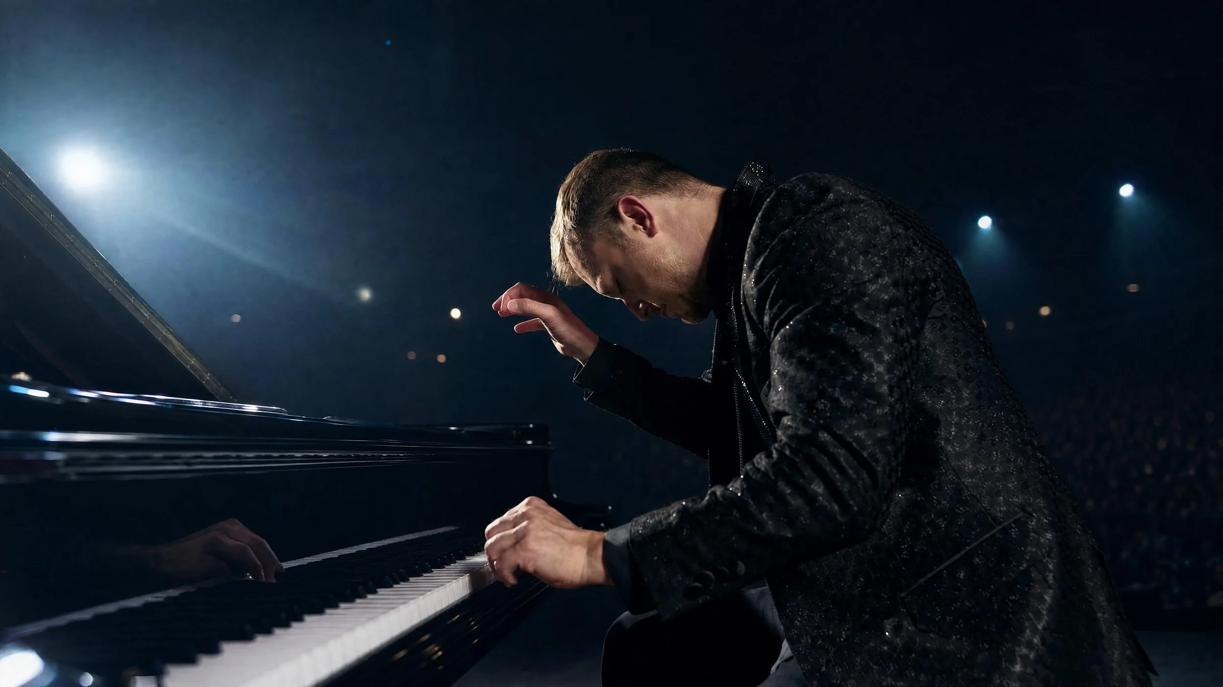 Reuel with short hair and a beard playing a grand piano on stage under dramatic lighting.