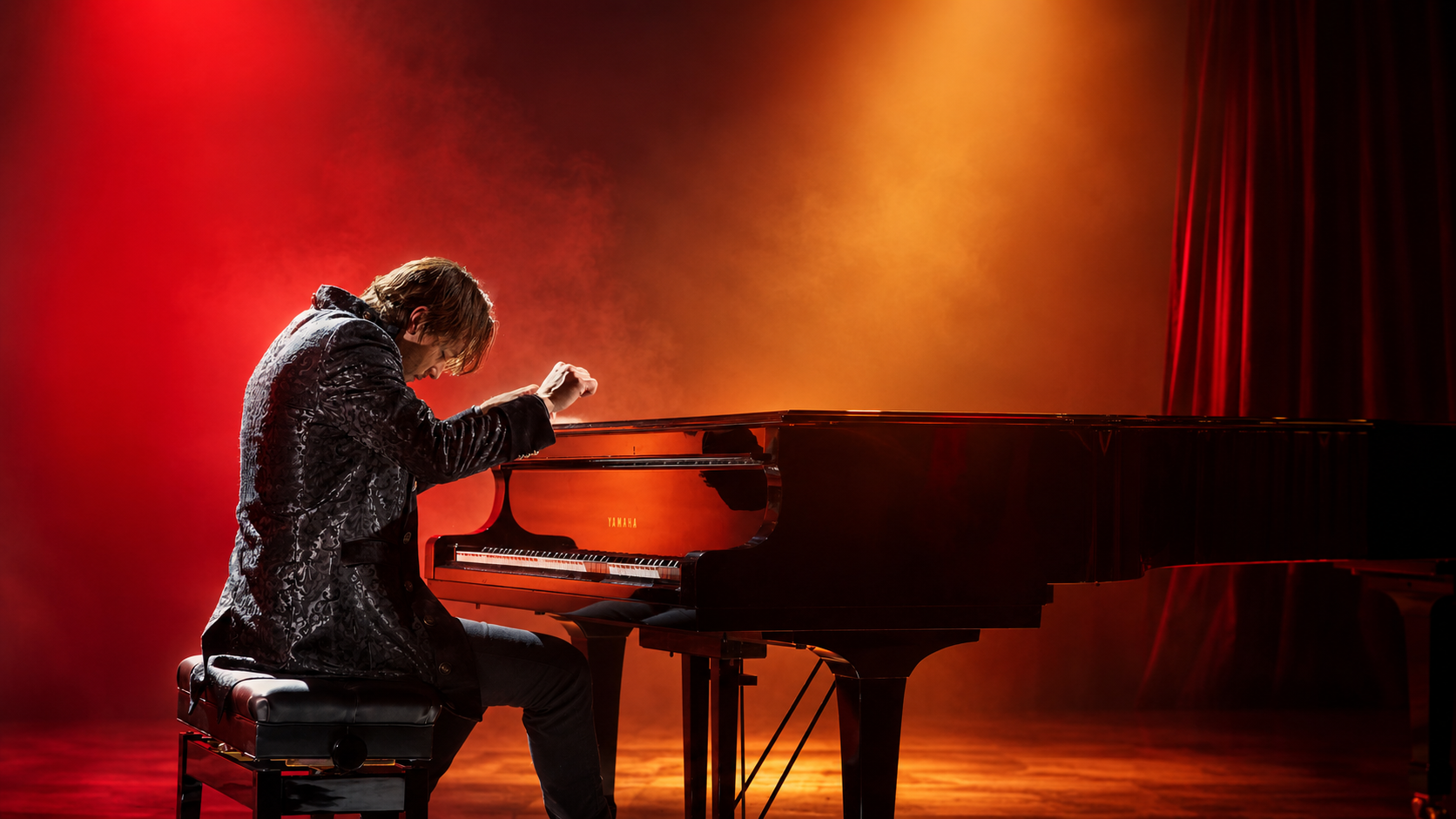 Reuel with shoulder-length hair wearing a black patterned jacket playing a grand piano on a stage with red and orange lighting and red curtains.