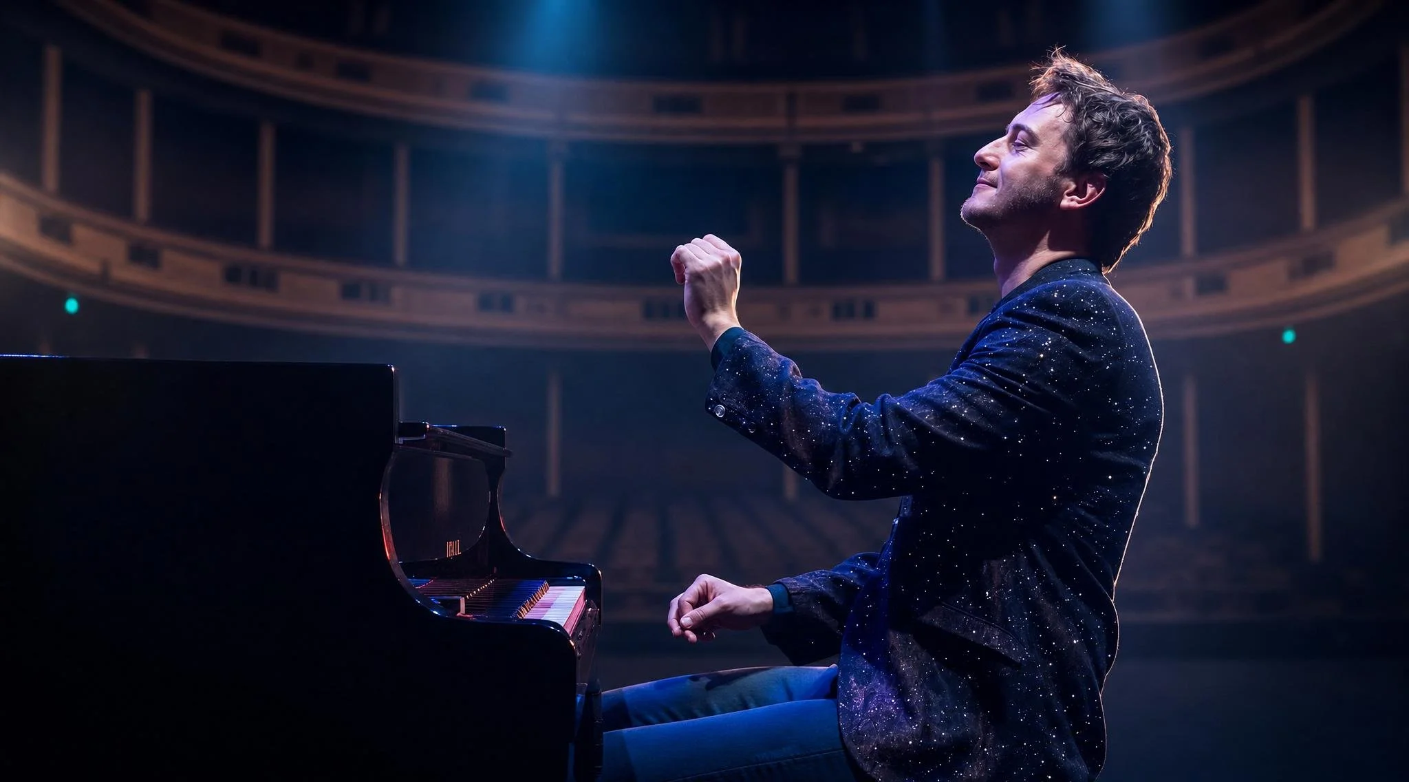 Reuel in a starry suit playing a grand piano on a stage with a large, circular balcony and dark background.