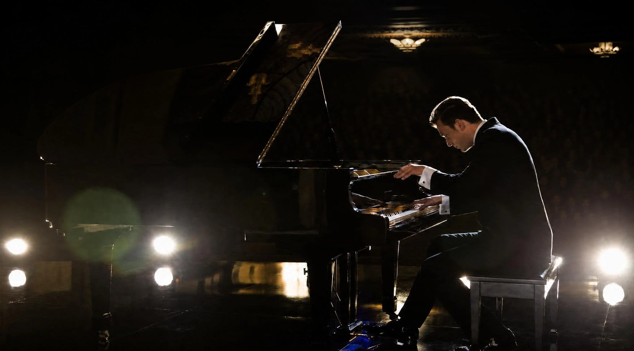 Reuel in a tuxedo playing a grand piano on a dark stage, lit from behind. Ropes of light and spotlighting highlight his profile and hands as he performs.