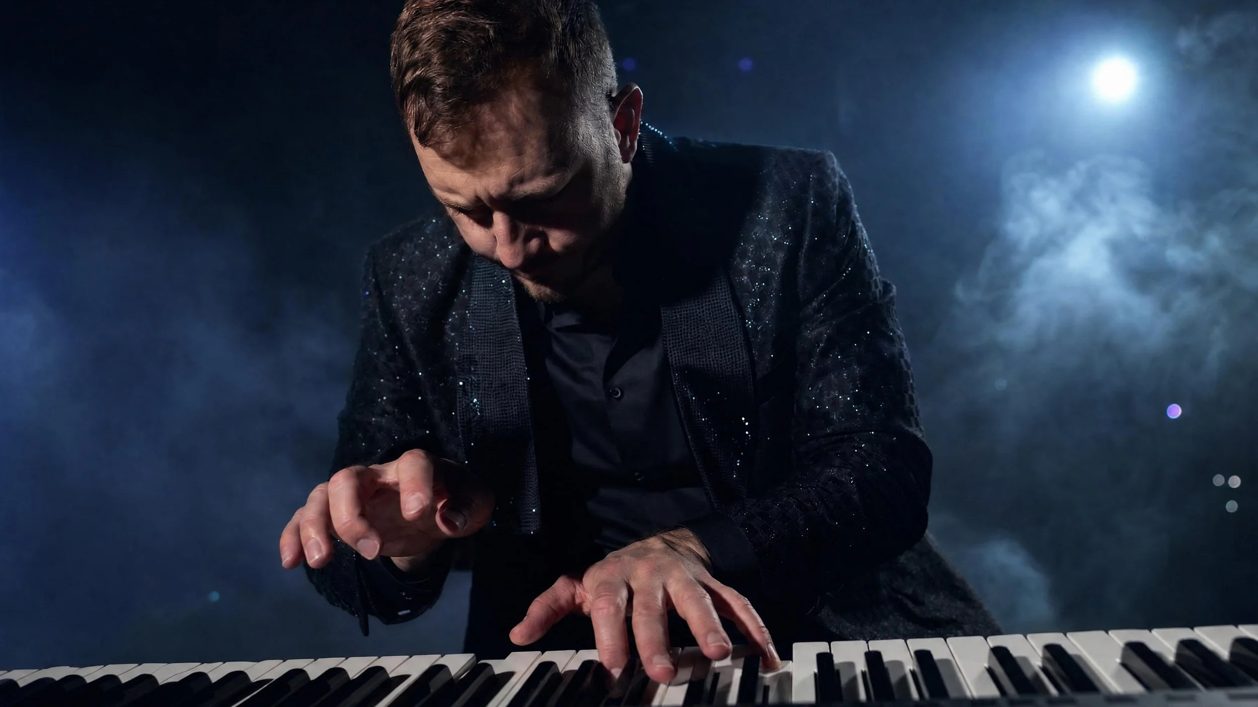 REUEL wearing a black blazer with glitter playing a keyboard in a dark, smoky setting with bright lights in the background.