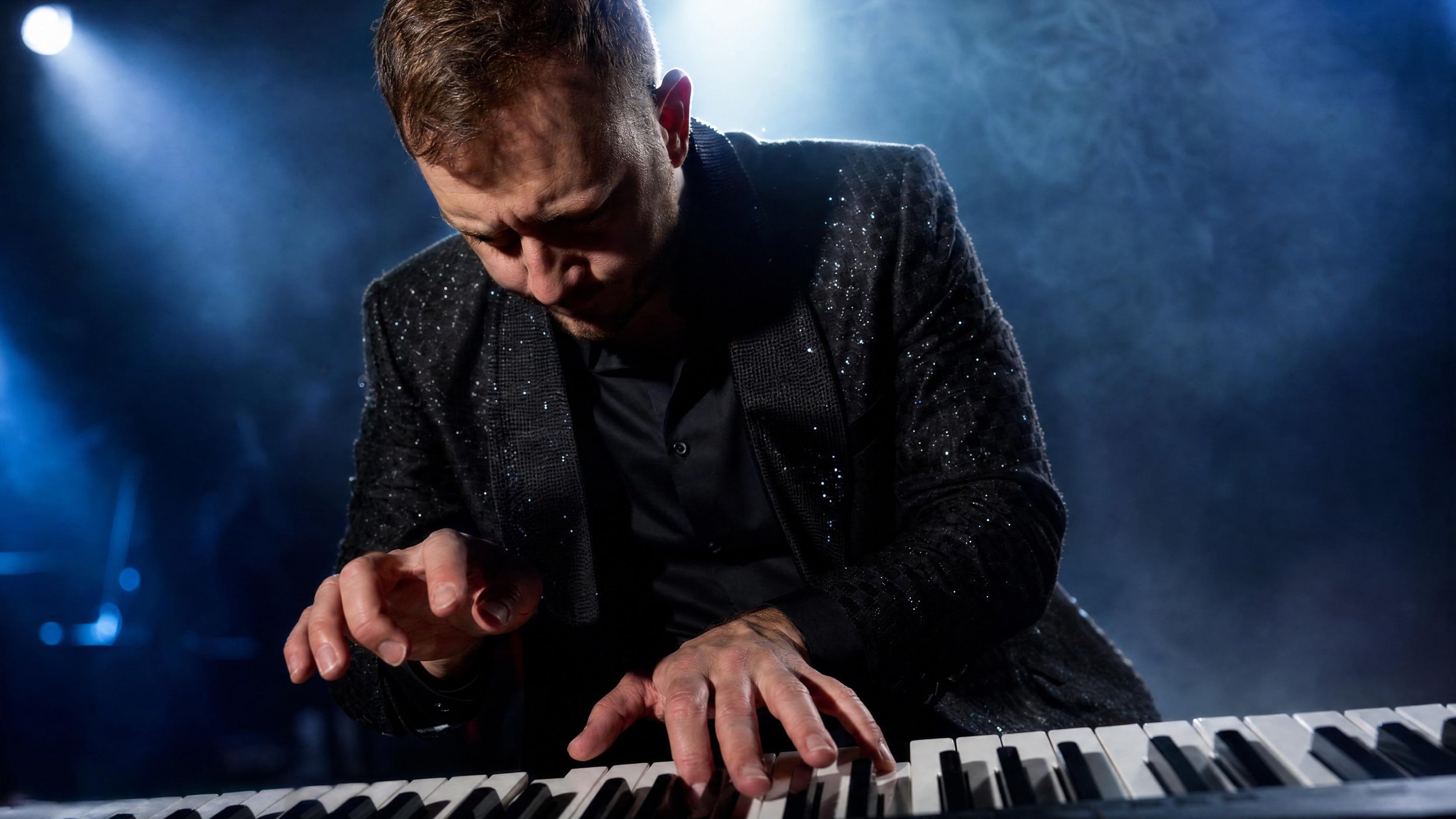 A man playing piano on stage, illuminated by stage lights with a dark background.