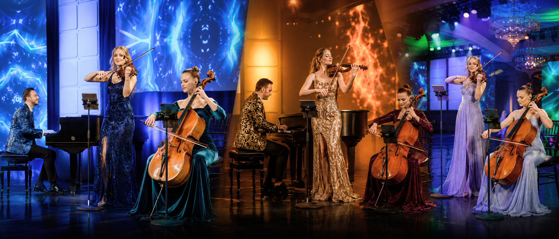 A classical string and piano orchestra performing on stage with colorful background lights and digital projections.  Pianist Reuel and the Reuel Trio