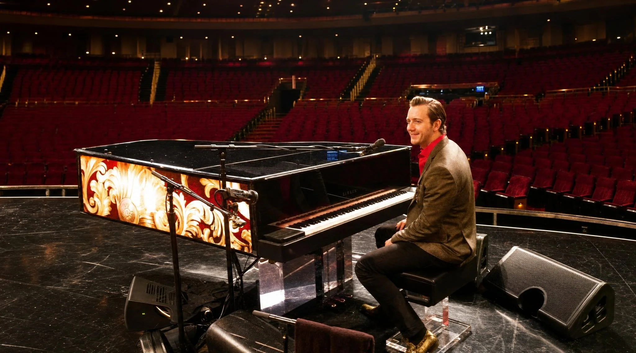 Reuel sitting at Elton John's grand piano on a stage in Caesar's Palace, smiling, with rows of red theater seats in the background.  The Million Dollar Piano Show.