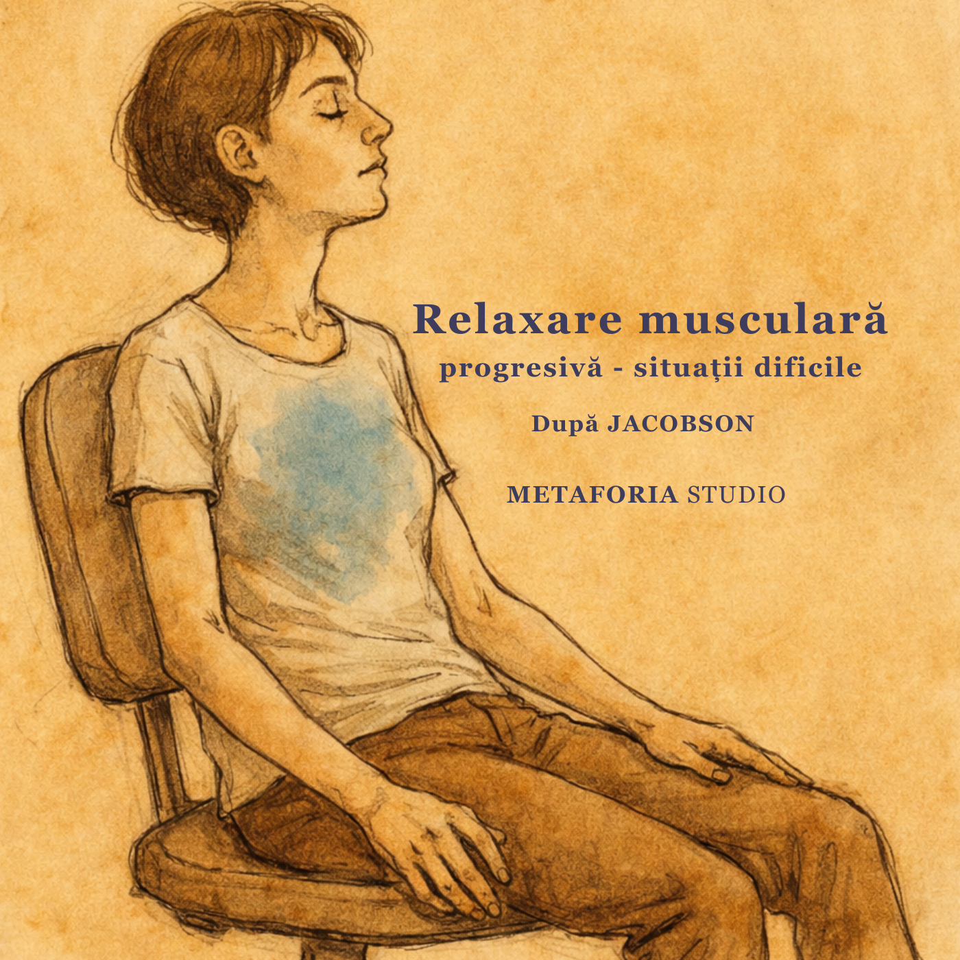 Copertă pentru un audio de relaxare ghidată după Jacobson, cu ilustrația unei femei așezate pe scaun, cu ochii închiși.