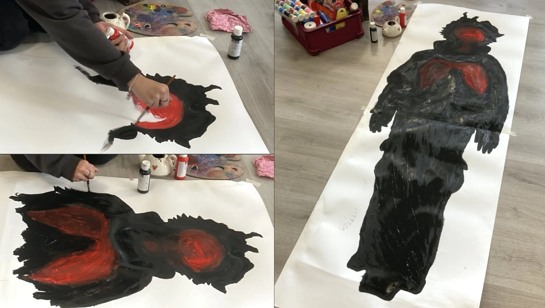 Emotii si body mapping realizat în negru și roșu pe coală mare