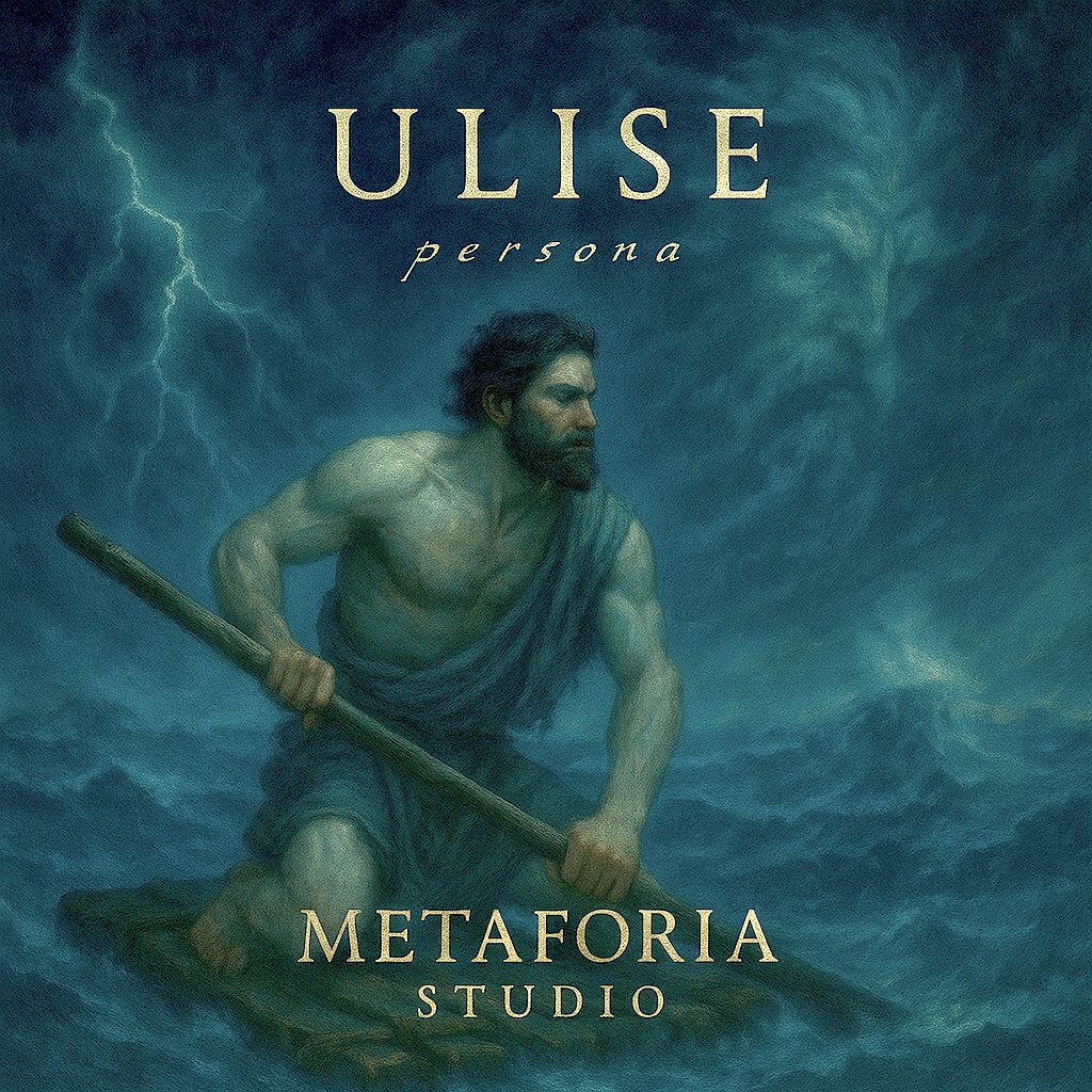 Painting of a man with a beard and muscular build, kneeling in stormy ocean waters, holding a staff, with lightning and storm clouds in the background, featuring text 'ULISE persona METAFORIA STUDIO'.