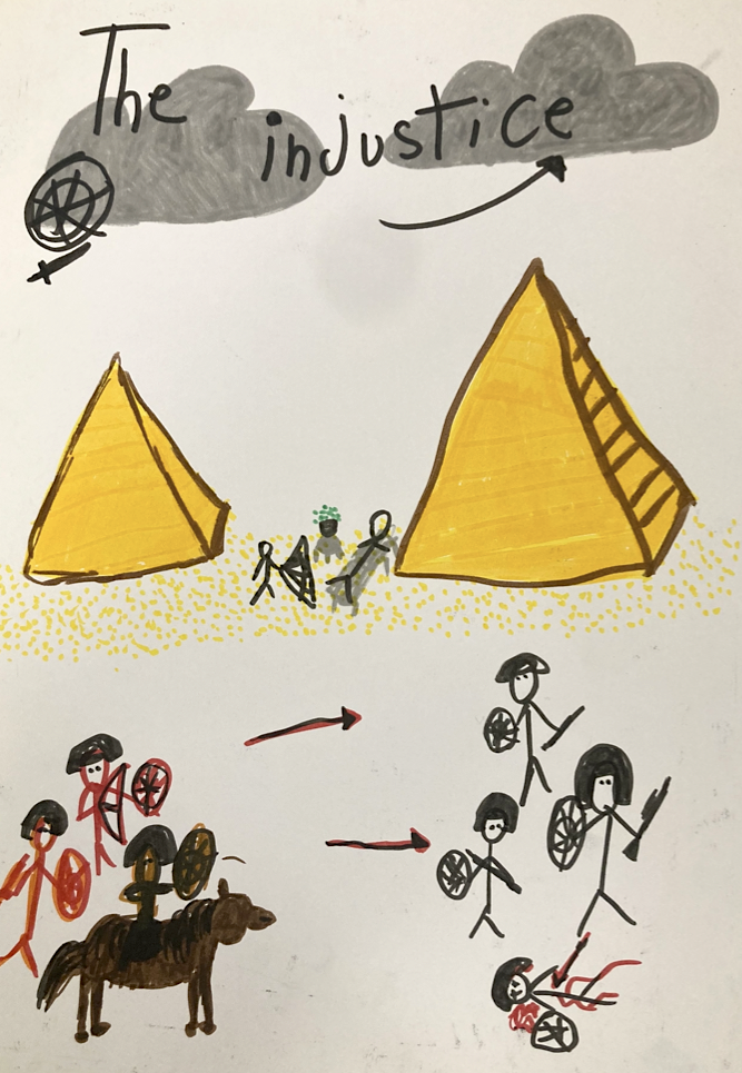 Desen despre nedreptate socială, cu două piramide, grupuri de personaje și simboluri ale conflictului și inegalității.