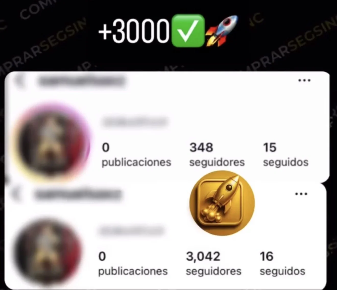 Pantalla de perfil de redes sociales con estadísticas de seguidores y publicaciones, y un ícono de cohete dorado.