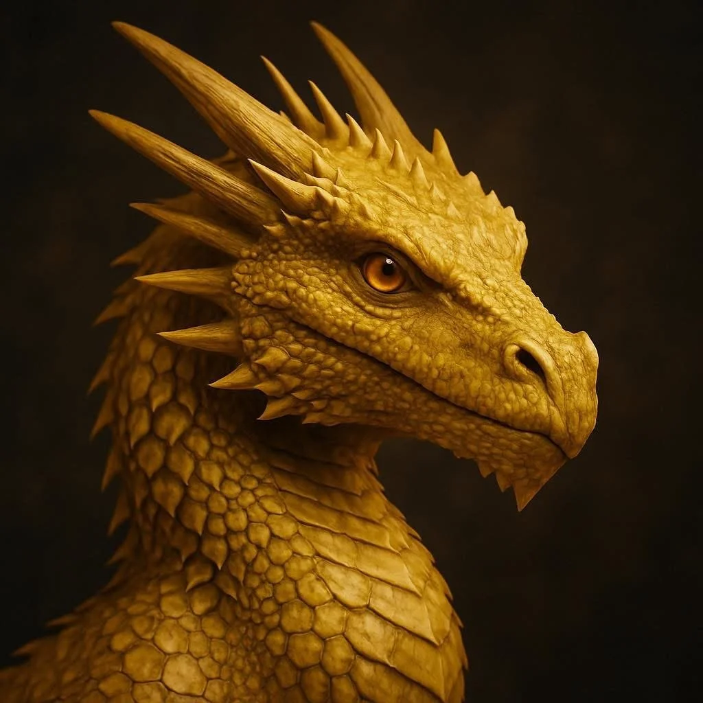 Imagen de un dragón dorado con escamas y cuernos en la cabeza, con fondo oscuro.