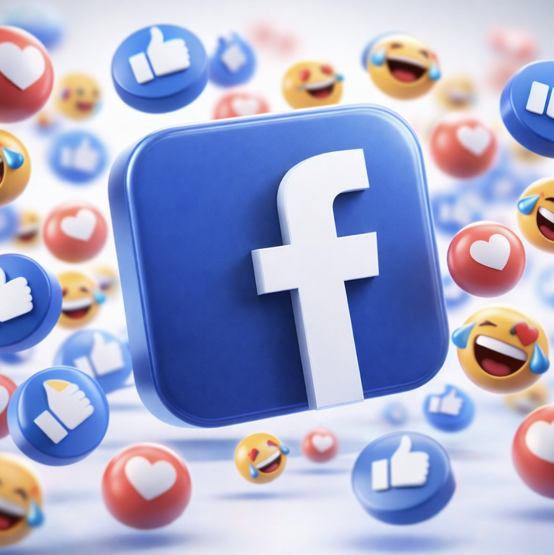 Logotipo de Facebook rodeado de emojis que muestran reacciones de 'me gusta' y emojis de caras riendo con lágrimas de felicidad.