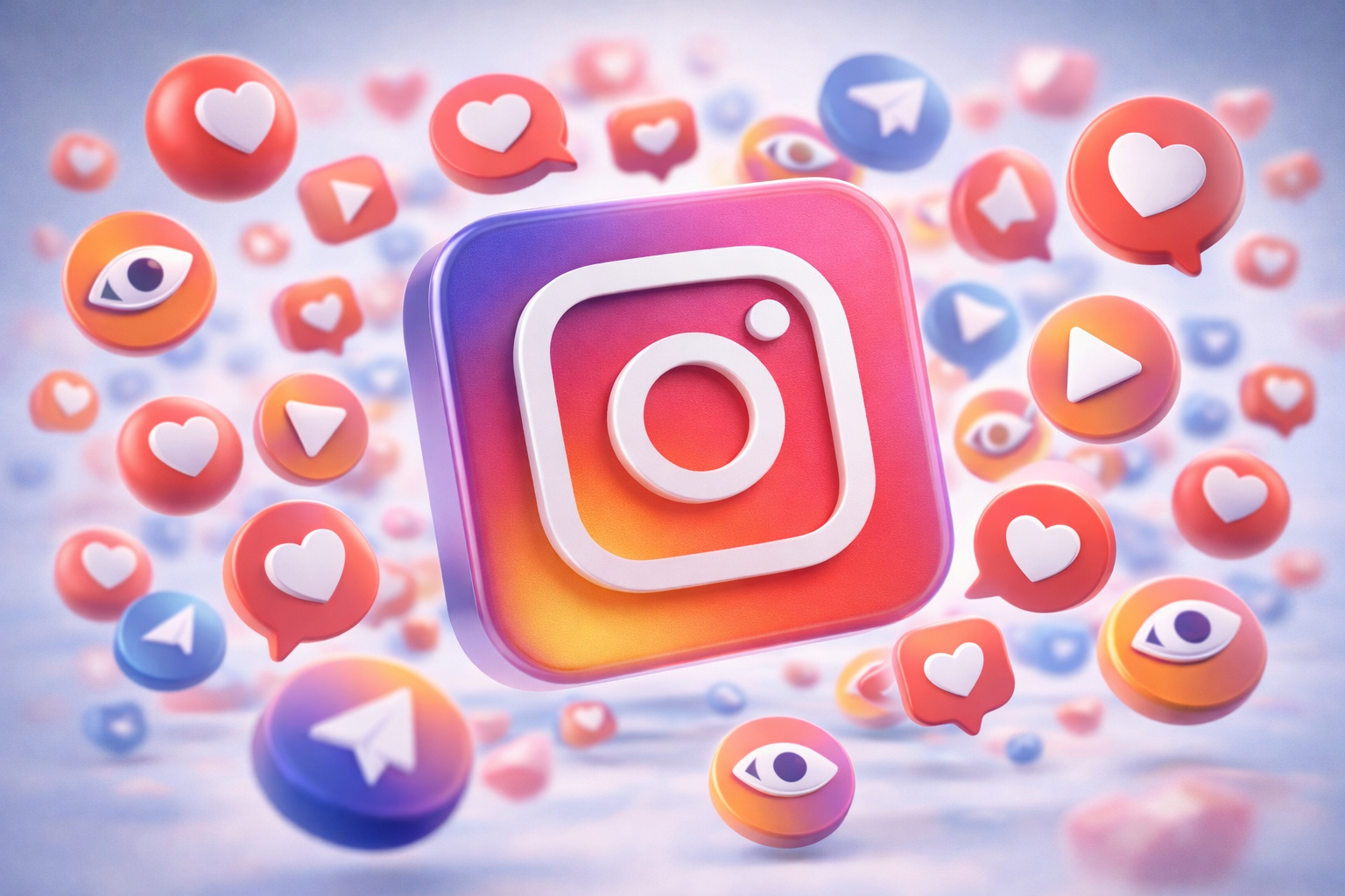 Icono de Instagram en 3D con burbujas flotantes que representan 'me gusta', 'ojos', 'reproducción' y 'papel de comunicación' en colores vivos.