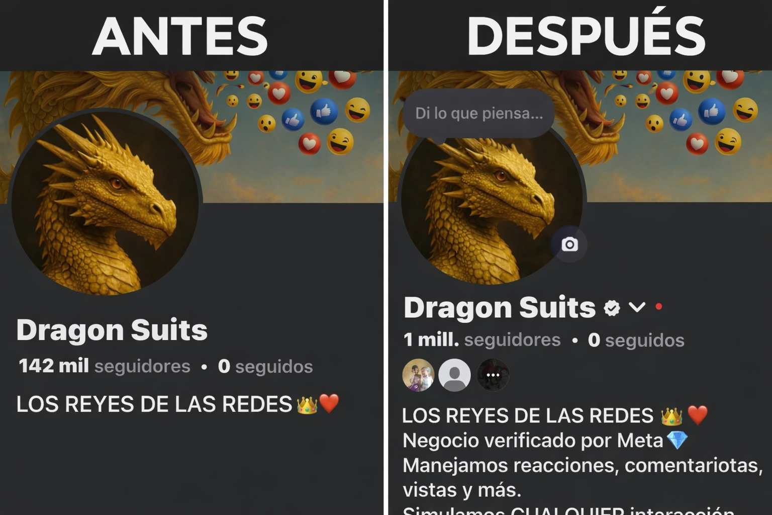 Comparación de perfiles de redes sociales: en el lado izquierdo, perfil con 142 mil seguidores, texto 'LOS REYES DE LAS REDES' y emojis de corona y corazón. En el lado derecho, perfil con 1 millón de seguidores, mismo texto y emojis, y una descripción adicional sobre la verificación y manejo de reacciones y comentarios.