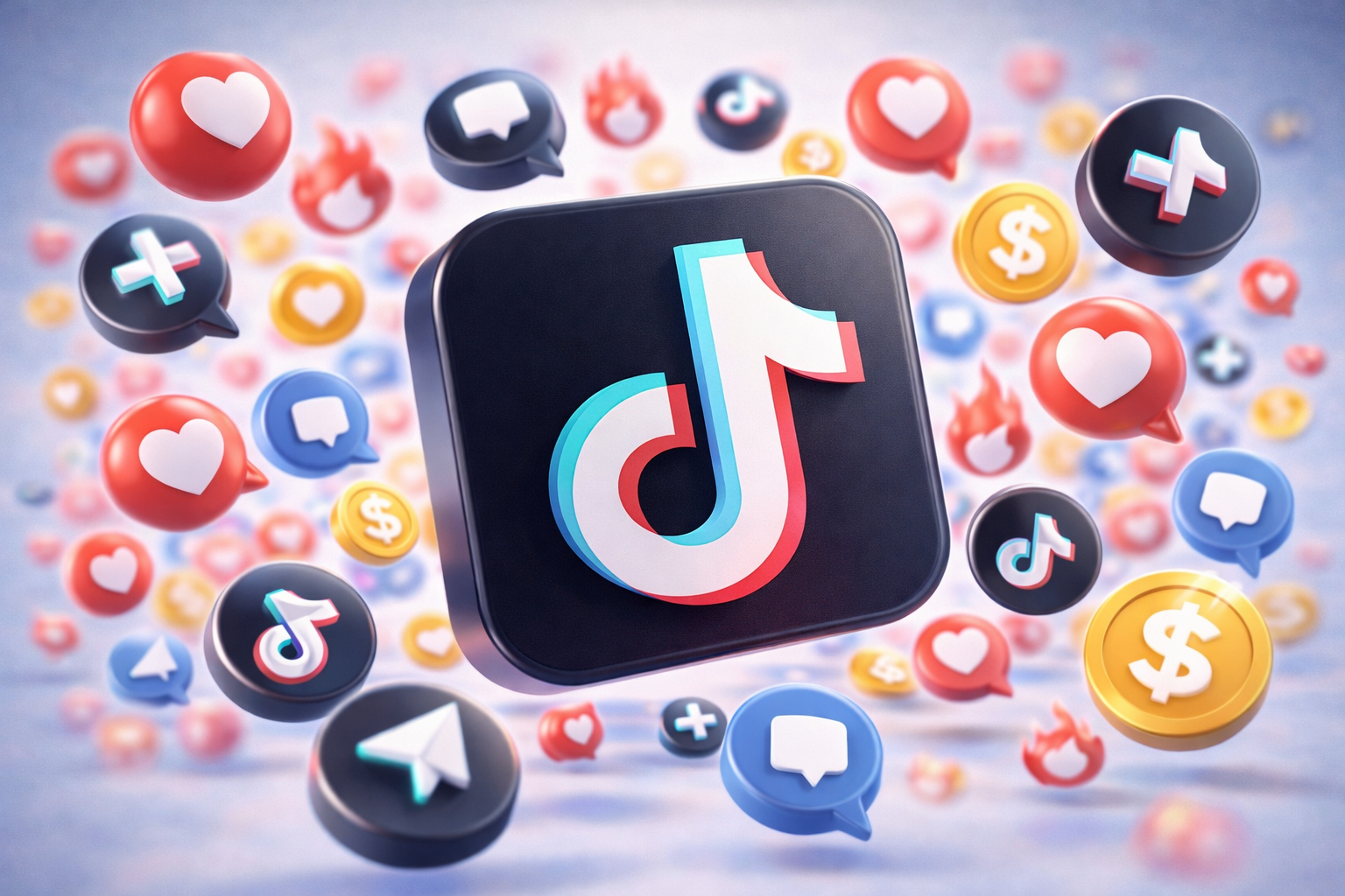 Icono de TikTok en el centro, rodeado de globos con botones de me gusta, comentarios, seguidores, dinero y fuego, representando la popularidad y monetización en redes sociales.