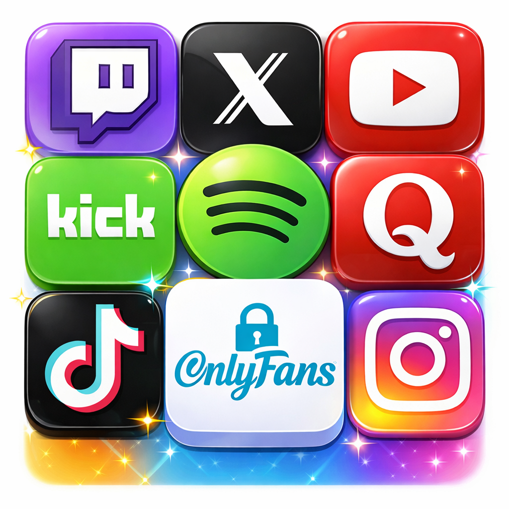 Iconos de varias redes sociales y plataformas de streaming, incluyendo Twitch, YouTube, Spotify, TikTok, OnlyFans y Instagram.