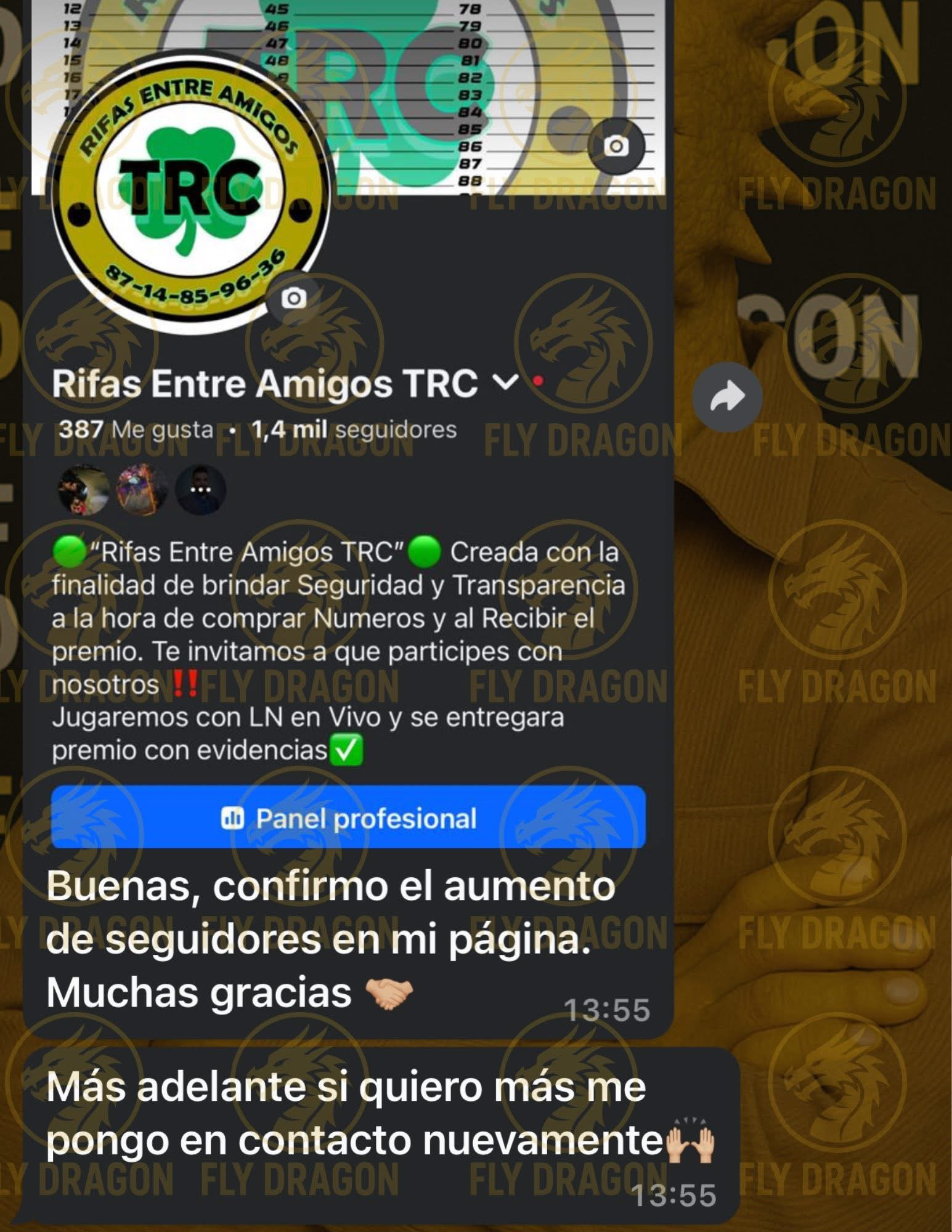 Captura de pantalla de un grupo de Facebook llamado 'Rifas Entre Amigos TRC' que anuncia la venta de boletos con la finalidad de brindar seguridad y transparencia en el sorteo, y confirma un aumento en los seguidores de la página.