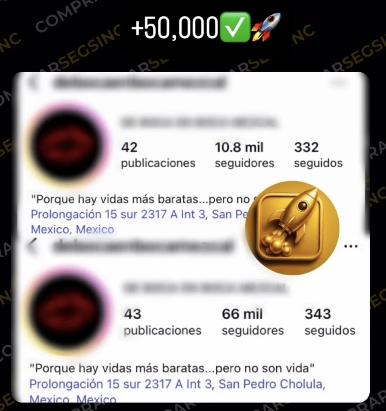 Captura de pantalla de perfiles de redes sociales en un teléfono móvil, con un ícono de cohete dorado superpuesto. En la parte superior, texto que indica '+50,000' con una marca de verificación verde y un cohete, sugiriendo crecimiento o logro en seguidores.