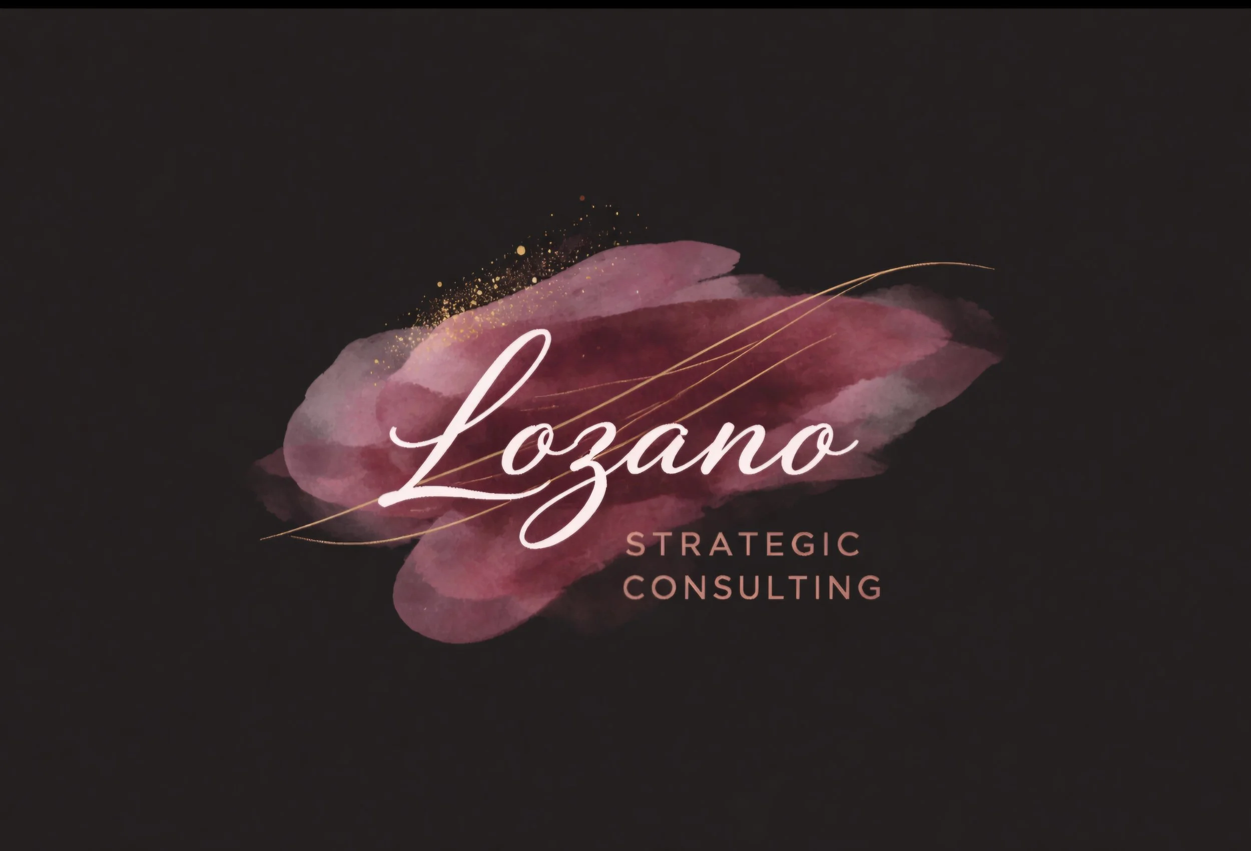 Logo for Lozano Strategic Consulting with a pink watercolor splash, gold accents, and elegant typography on a dark background.