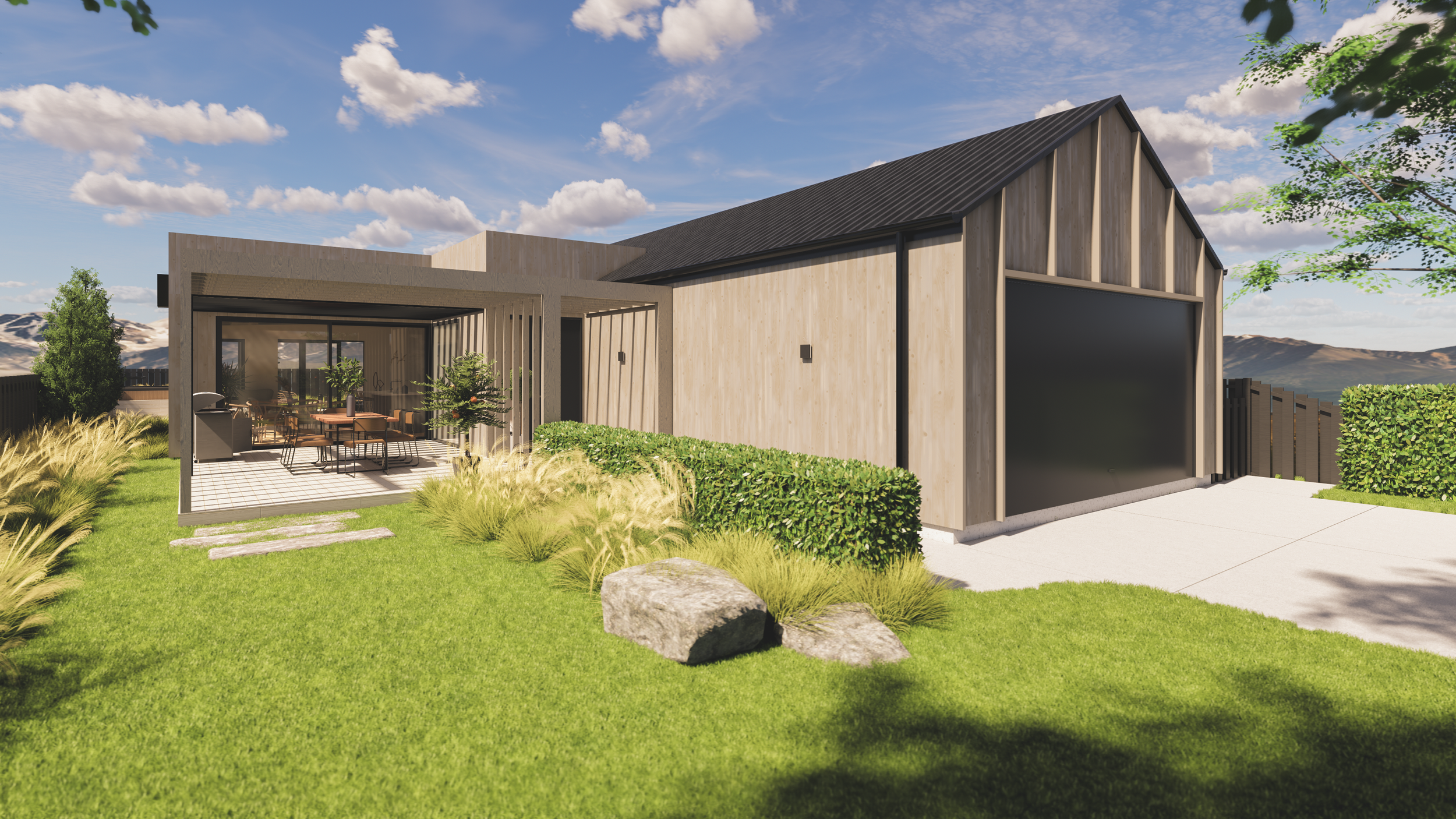 Modern high-performance home in Wānaka with landscaped outdoor living area.