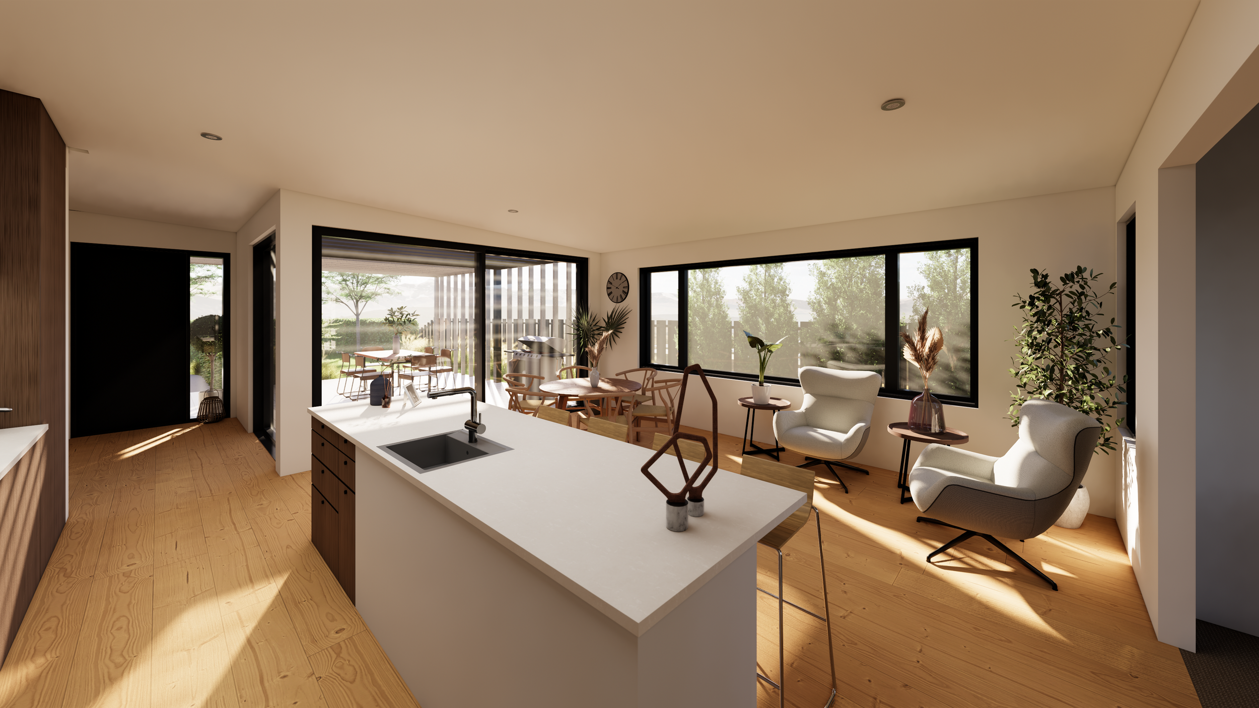 Open-plan living space in high-performance home with natural light and timber flooring