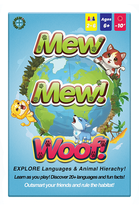 An educational game box titled 'Mew Mew! Woof!' featuring cartoon animals including a lion, a dog, and a cat around a world map. The box indicates it is for ages 6 and up, designed for 2-6 players. It promotes exploring languages and hierarchy with over 20 languages and fun facts.