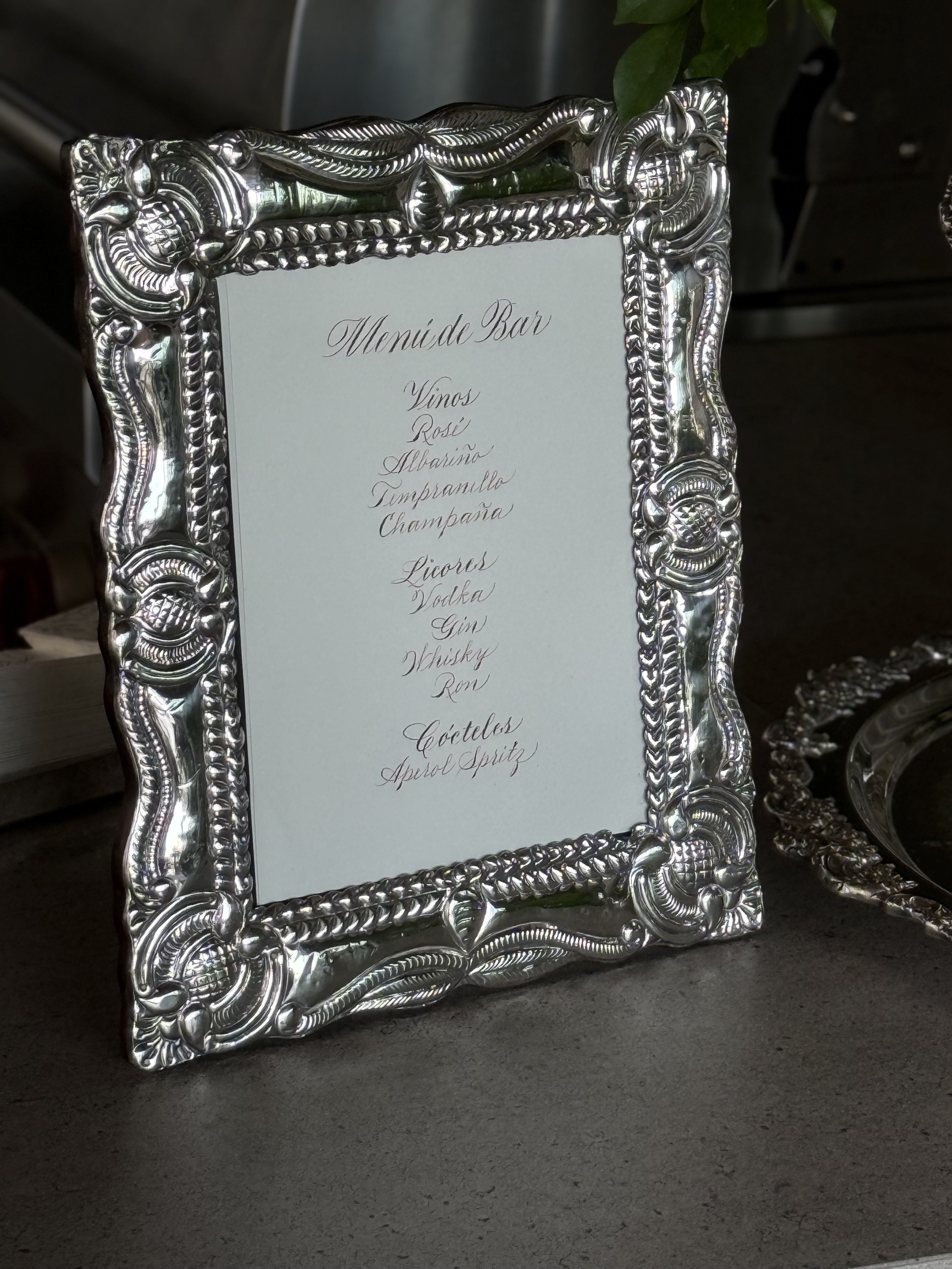 Marco de plata con lista de bebidas de bar, incluyendo vinos, rosé, albaricoques, tónica, champagne, licores, vodka, ginebra, whisky, ron, cócteles y spritz de alcohol.