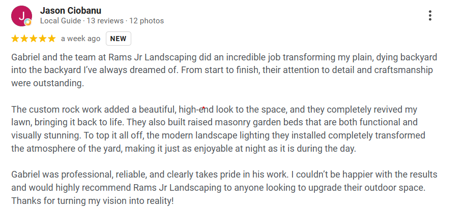 Screenshot of a positive review for Rams Jr Landscaping, praising their work transforming a backyard with custom rock work, masonry garden beds, and modern landscape lighting.