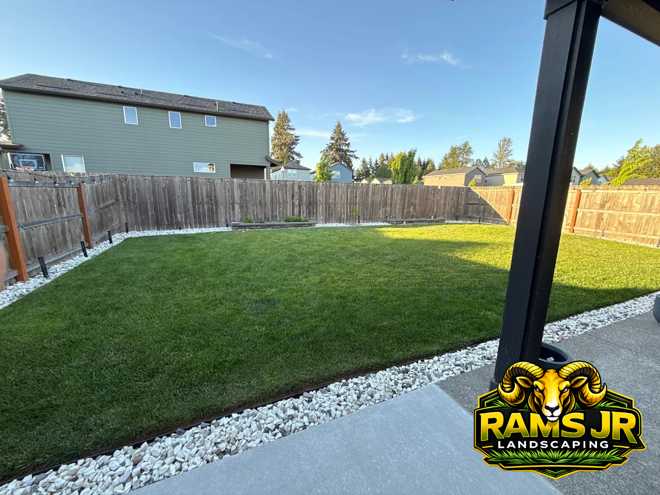 Backyard with green grass, wooden fence, and a small basketball hoop in a suburban neighborhood under a clear blue sky.
