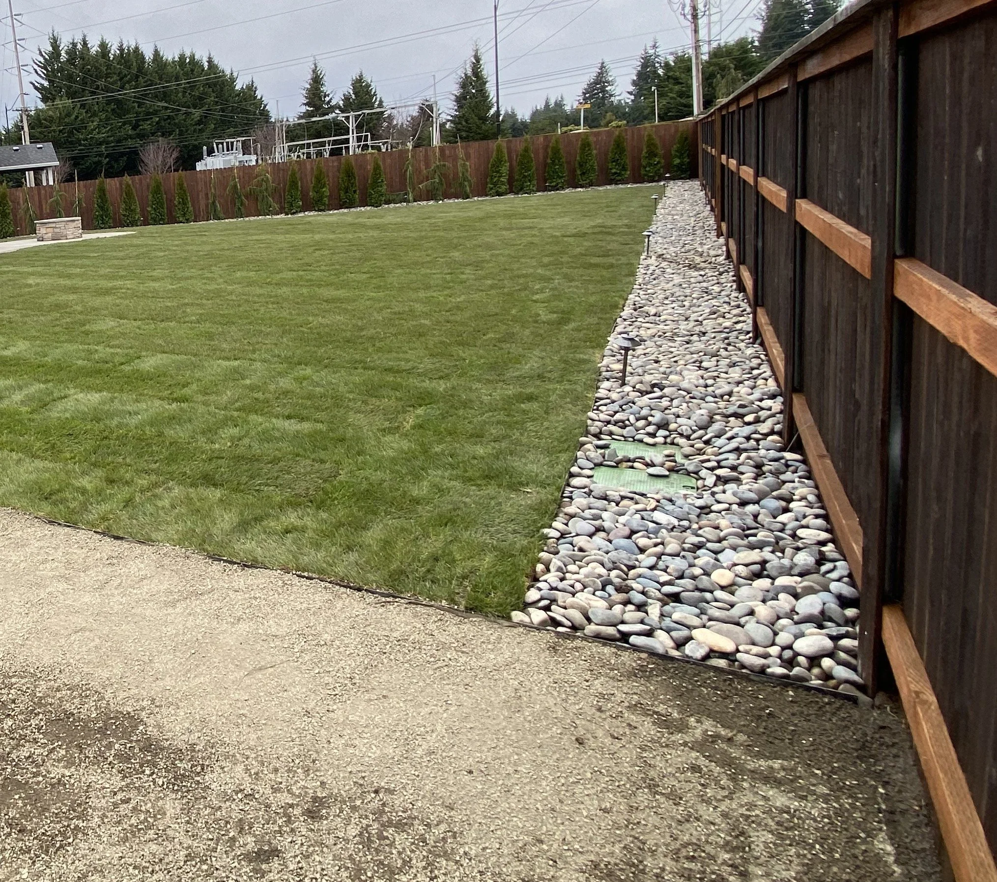 A backyard with a large lawn, a wooden fence on the right, a row of small trees along the fence, a yard light, and a rock border separating the grass from a gravel area; overcast sky.