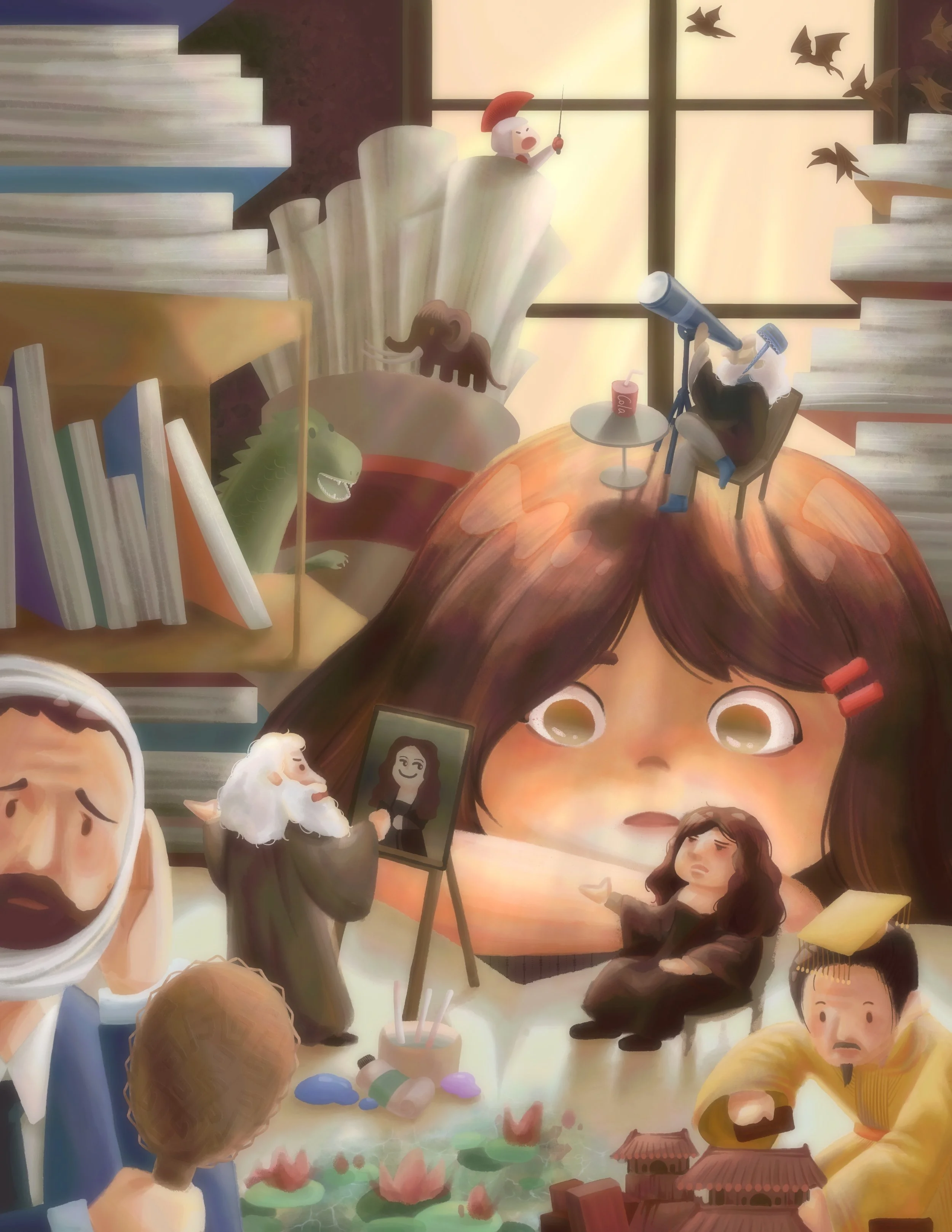 A large girl’s head with a surprised expression surrounded by various miniature characters and objects, including books, animals, and people engaged in different activities, creating a whimsical, surreal scene.