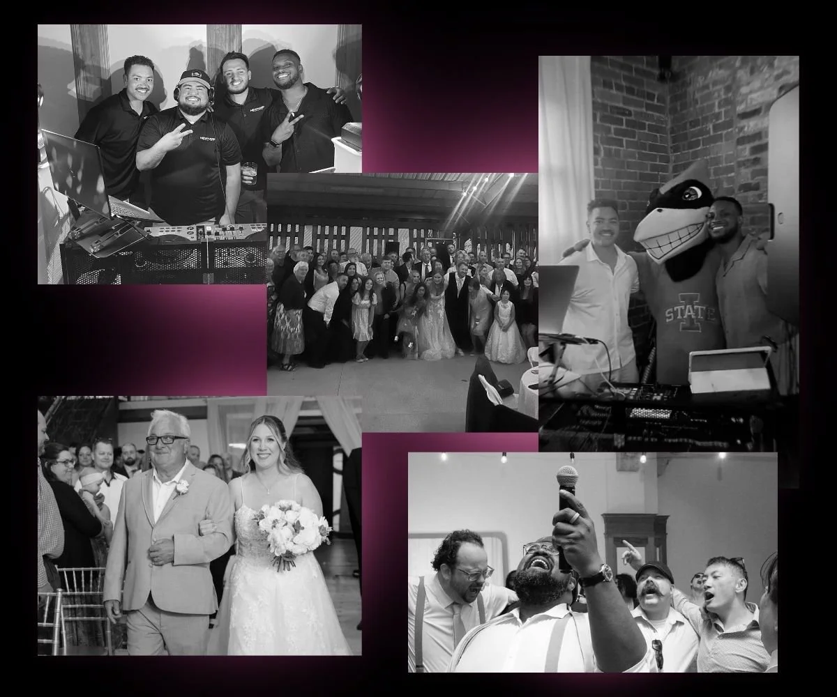 Collage of black and white photos from a celebration or wedding event, including groups of people dancing, a wedding procession, and speeches.