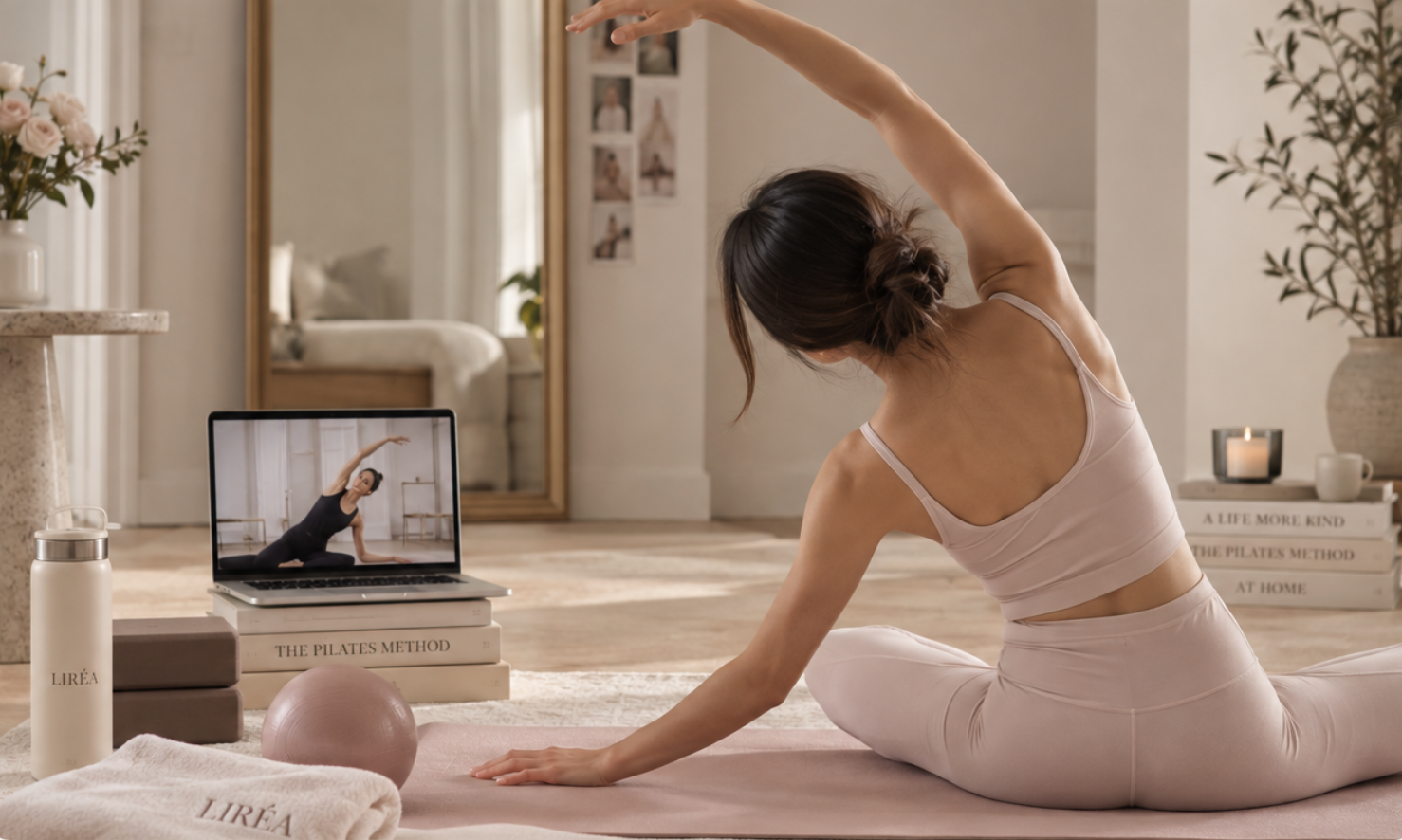 A woman practicing pilates at home while watching an online class on her laptop. The room is well-lit, decorated with books, a large mirror, plants, and candles.