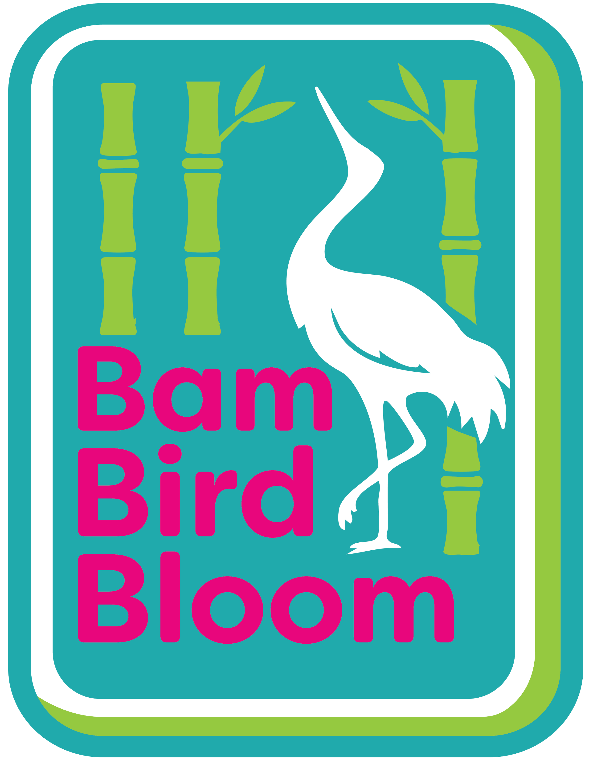 A logo for Bam Bird Bloom featuring a white heron standing among green bamboo stalks on a teal background, with the text 'Bam Bird Bloom' in pink.