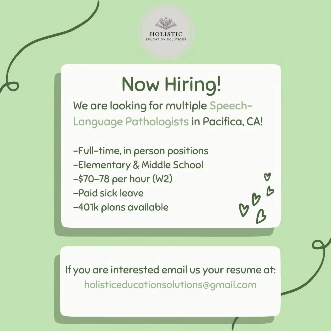 CA SLPs, we need your help! ✨️

We're looking for multiple in-person therapists in Pacifica, CA. If you're interested in a position with us, send us your resume! Bonus points if you send this to your SLP bestie! ✨️

#caslp #caslps  #californiaslp #sl
