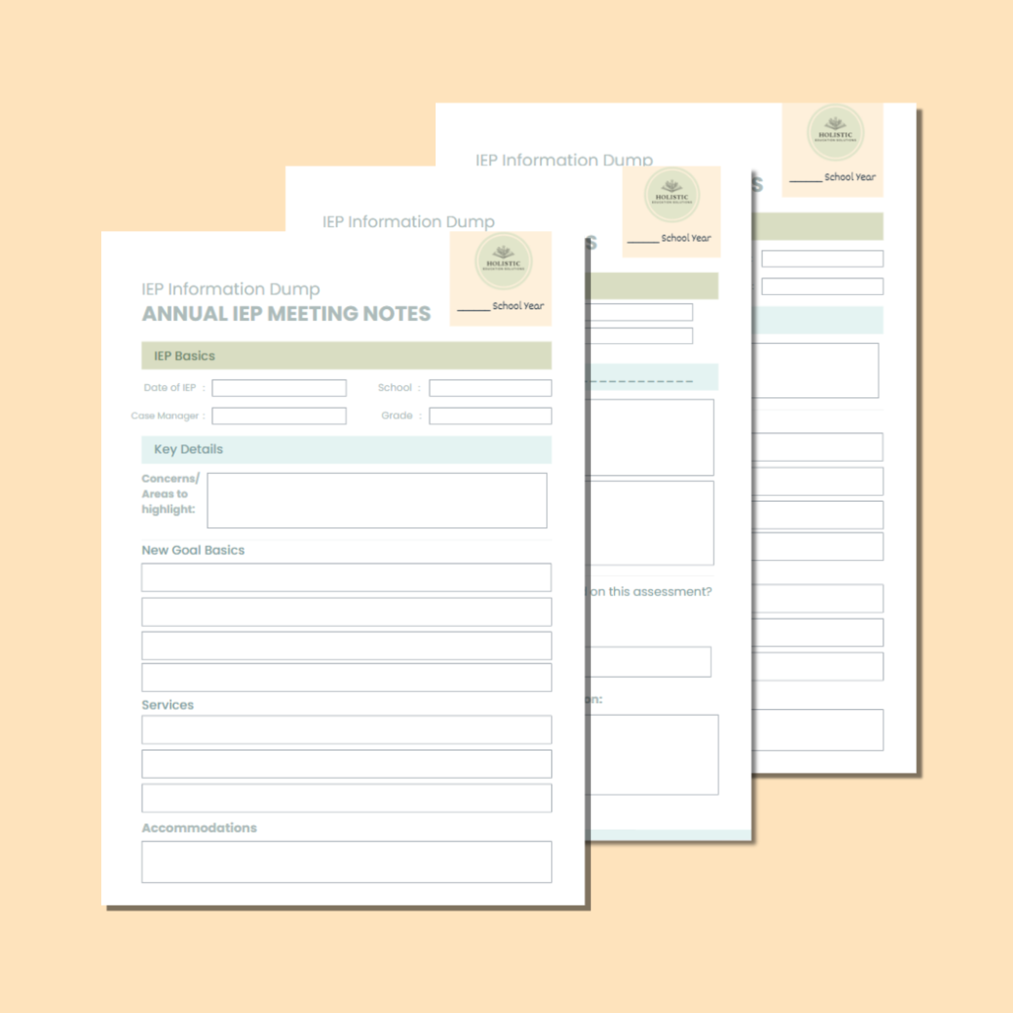 Multiple copies of an 'IEP Information Dump' form with sections for school year, basic details, concerns, accommodations, and services, layered over a peach background.