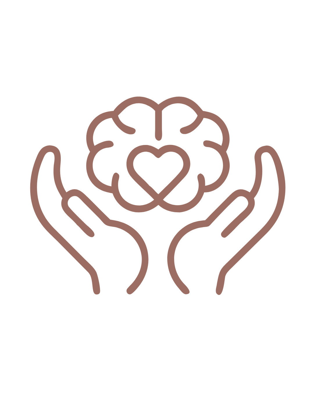 Outline of two hands cupping a brain with a heart shape at the center, symbolizing care or compassion.