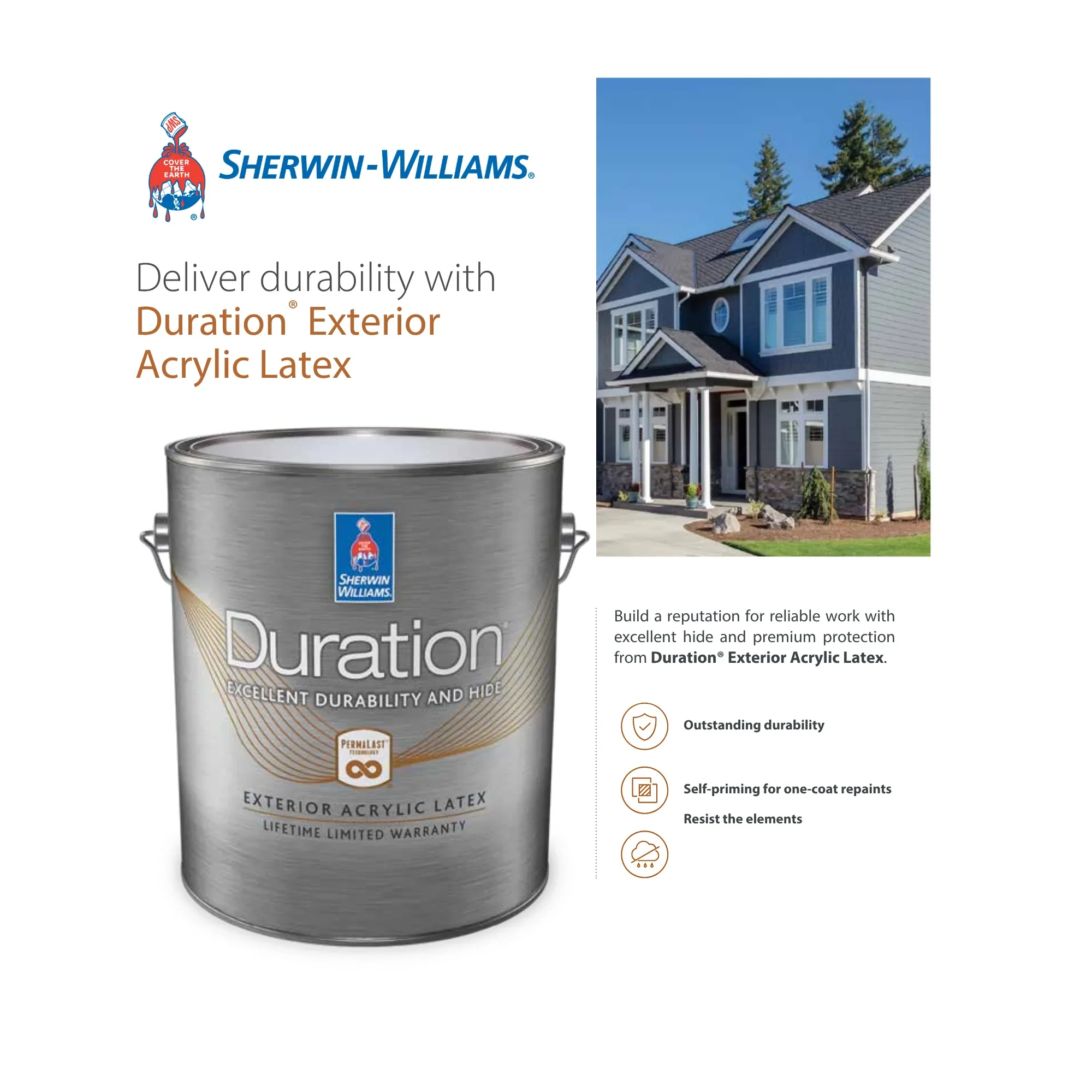 Advertisement for Sherwin-Williams Duration Exterior Acrylic Latex paint, showing a house with blue exterior paint and a paint can with the product label.