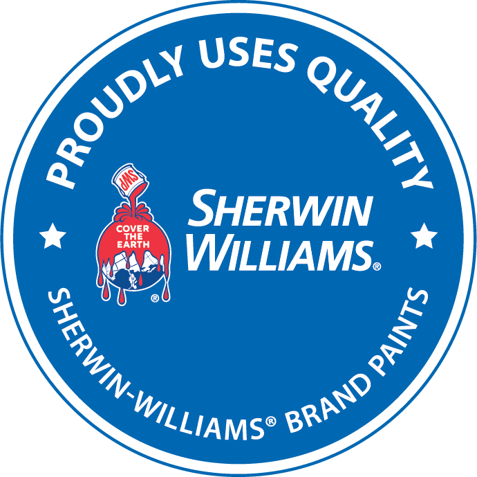 A circular blue badge with white text that says "Proudly Uses Quality Sherwin-Williams Brand Paints." It features the Sherwin-Williams logo, which is a red paint can with a paintbrush, dripping red paint, and the slogan "Cover the Earth."