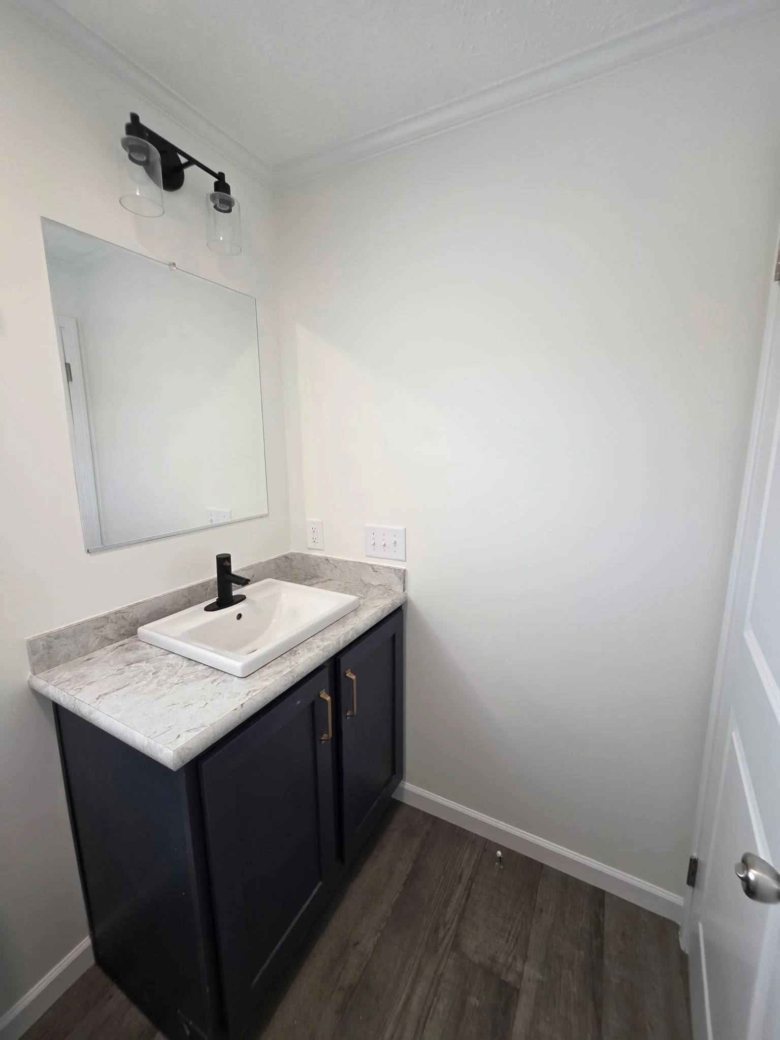 Small bathroom vanity with a white rectangular sink, a black faucet, dark cabinet with gold handles, a large mirror, and a light fixture with two glass shades on a white wall.
