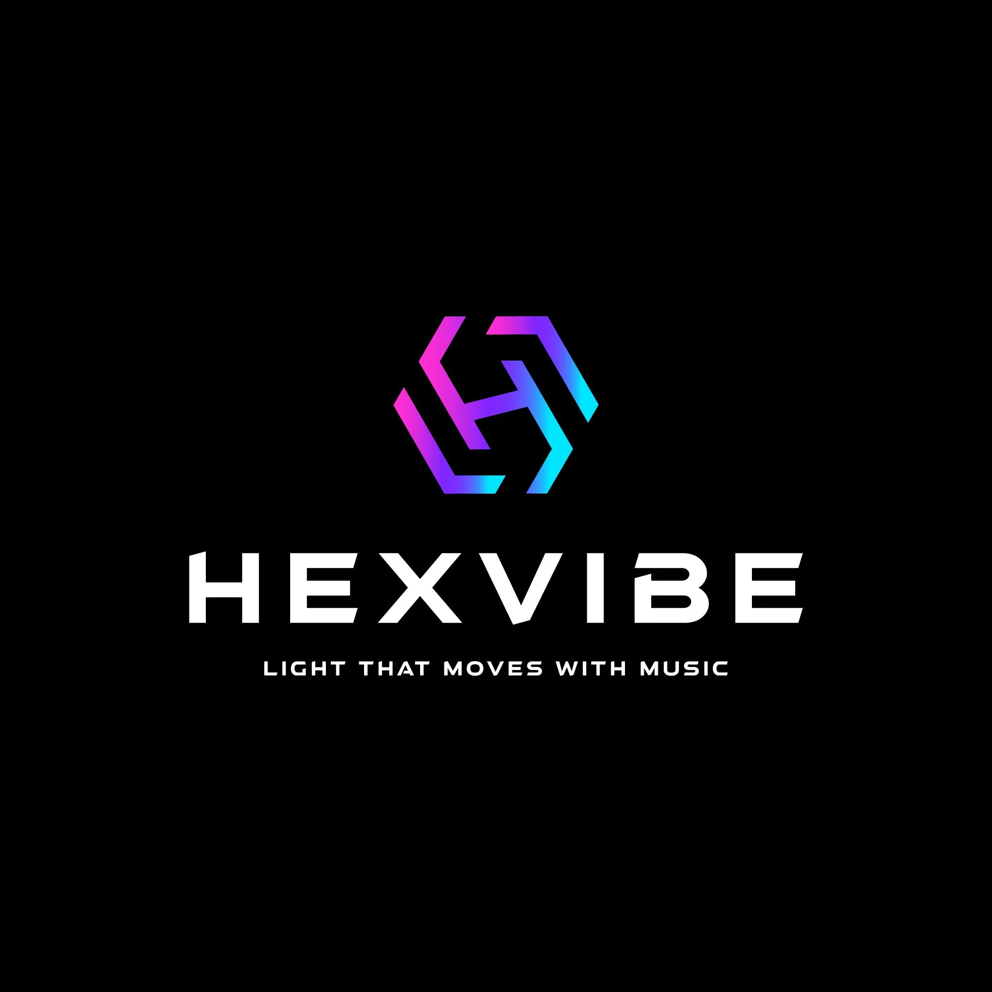 The HEXVIBE logo features a hexagonal shape with gradient colors transitioning from pink to purple to blue. The word 'HEXVIBE' is written underneath in bold, white uppercase letters, and the tagline 'LIGHT THAT MOVES WITH MUSIC' is displayed below in smaller white letters.