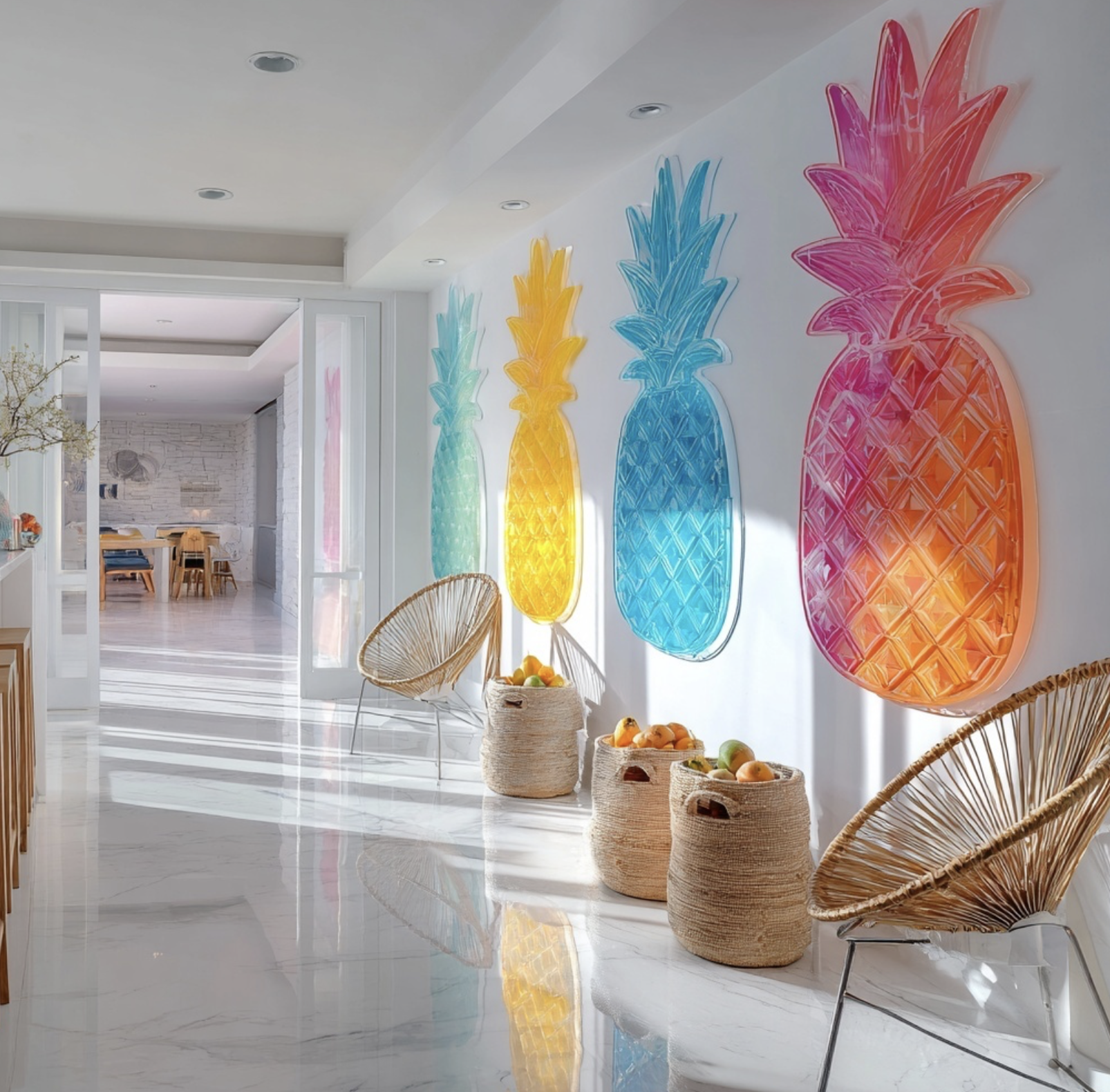 Interior of a bright, modern room with colorful pineapple-shaped wall decorations in neon-style lighting, wicker chairs, and baskets filled with fruit.