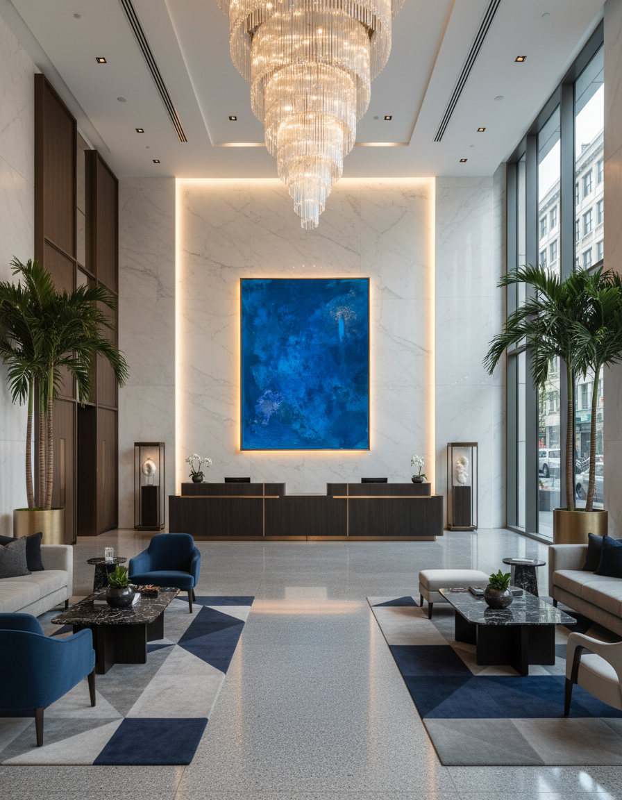 Elegant hotel lobby with a large crystal chandelier, a blue abstract painting on a white marble wall, tall indoor plants in gold pots, and modern seating with marble tables and geometric rugs.