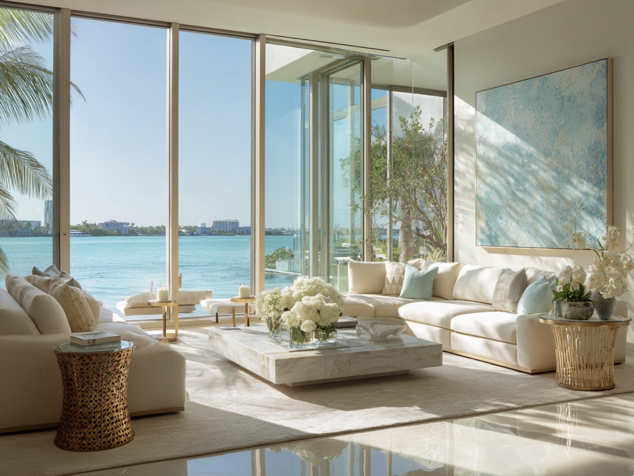 Living room with large floor-to-ceiling windows overlooking water and cityscape, white sofas with neutral and blue cushions, marble coffee table with white flowers, side tables with candles and plants, abstract blue artwork on wall, bright and airy atmosphere