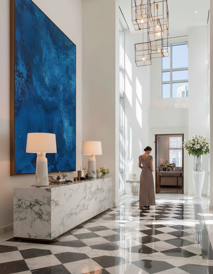 Interior of a modern, elegant lobby with high ceilings and large windows allowing natural light. There is a marble console table with two lamps and decorative items, a large blue abstract painting on the wall, a woman in a patterned dress standing near a large vase with white flowers, and a black-and-white checkered marble floor.